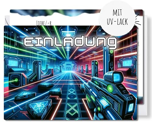 12x EINLADUNGSKARTEN + passende Umschläge für Jungen & Mädchen Kindergeburtstag - coole Karten mit Lasertag Motiv & UV-Lack