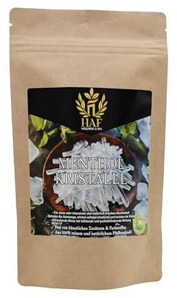 HAF Mentholkristalle 50g im Beutel | Saunakristalle aus 100% reinem Minzöl | Sauna Zubehör | Saunaaufguss | Befreit die Atemwege & sorgt für intensiven Duft in der Sauna | Qualität: Made in Germany