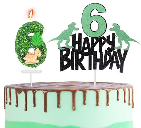 Dinosaur 6th Birthday Cake Topper With Number 6 Candle - Dino Party Decorations for Boys Girls - Happy Dinosaur Theme Cupcake Topper Decor
