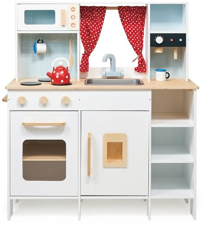 Mentari Toys Wooden Toddler Kitchen Playset with Built-in Appliances, Curtains, and Storage, Suitable for Ages 3 and Up