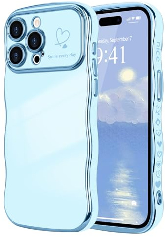 LCHULLE for iPhone 15 Pro Case Cute for Women Girls Wavy, Blue | Luxury Plating Curly Wave Shape Frame with Love Heart Pattern, Raised Camera Protection Back Cover Shockproof Phone Case