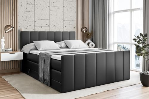 ALTDECOR Boxspringbett mit Matratze und Lattenrost, Topper, Fußteil,Polsterbett mit Bettkasten, Bett mit Stauraum H3- und H4- Matratze, Doppelbett - MOETI-Z KING-120x200 - Schwarz Kunstleder