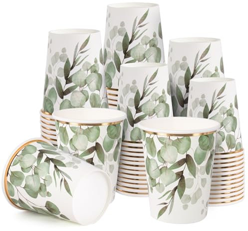 RUSPEPA 50 Pcs Greenery Paper Cups - 9 oz Eucalyptus Disposable Cups, Coffee Cups, Hot/Cold Beverage Drinking Cups for Water Juice, Perfect for Home, Office and Party Supplies