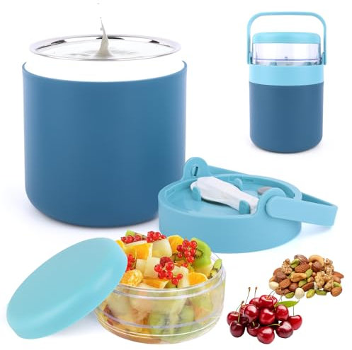 MXTIMWAN Taza para Cereales para Llevar, 570ml + 160ml Portátil Taza de Cereales con Cuchara, Reutilizable, Taza de Yogur de Acero Inoxidable para Fruta, Yogur, Nuez, Azul