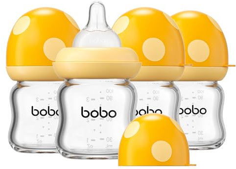 YOHKOH Weithals-Babyflasche aus Glas, Anti-Colic Glas-Babyflaschensets mit Ultra Soft Silikon-Sauger, für Neugeborene Babys ab 1 Monat (Gelb, 100ml (4er Pack))
