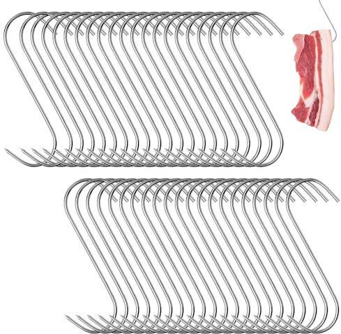 Kapokr 40 Stück Fleischerhaken S Haken Edelstahl 13cm Fleischhaken S-Haken | Räucherhaken für die Fleischverarbeitung Metallhaken für Badezimmer, Schlafzimmer, Büro, Küche, Geschäft