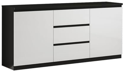 AltoBuy DEYTON - Buffet 2 Portes 3 Tiroirs Laqué Noir et Blanc Brillant