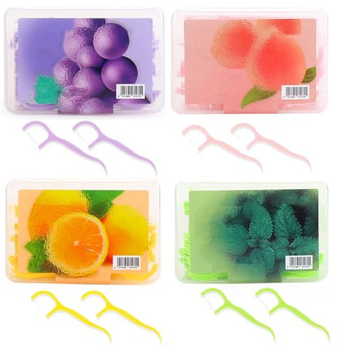 Sonwaha Zahnseide, 200 Stück Einweg Zahnseide Stick in 4 Erfrischenden Zahnseide mit geschmack Sorten Dental Zahnreinigung Zwischenräume Zahnreinigungsstäbchen Traubengeschmack Pfirsich Zitrone Minze