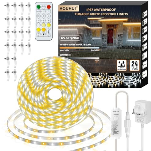HOUHUI LED Strip Lights Waterproof IP67 20metre 2700K-6500K Tunable White With Remote - Exterior Warm to Cool for House Balcony Deck Roof Pool