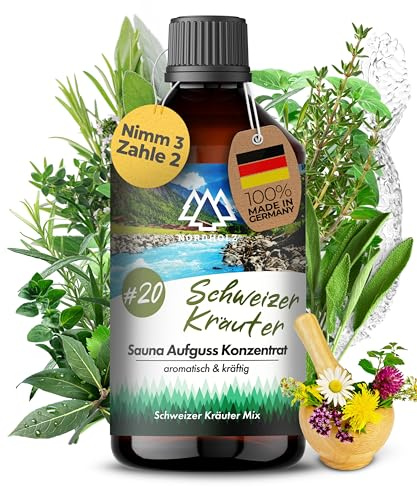 NORDHOLZ® Saunaaufguss 250ml [60 Sorten] Premium Aufgussmittel Konzentrat | Besonderer & natürlicher Sauna Duft für intensive & erholsame Momente - Manufaktur Qualiät (#20 Schweizer-Kräuter)