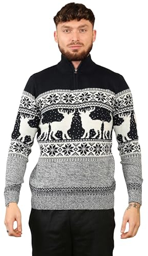 kraftd Mens Christmas Jumpers with Quarter Zip Funnel Neck Acrylic Xmas Jumper | Knitted Sweatshirt | Fair Isle Sweaters | Novelty Sweatshirts