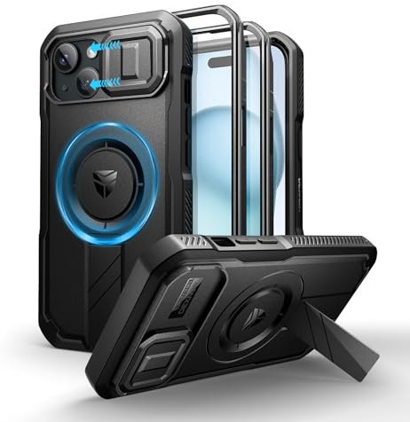 Dexnor for iPhone 15 Magnetic Case With Slide Camera Cover & Adjustable Kickstand & Built-in Screen Protector, Rugged Shockproof Bumper Cases Heavy-duty Cover - Night Black