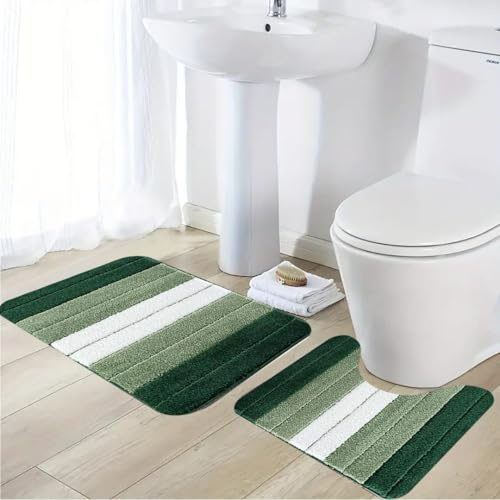ZIYA HOMES Green Bath Mat 3-Piece Set - Non-Slip, Washable, Absorbent, Modern Bathroom Mat for Floor, Tub, Shower