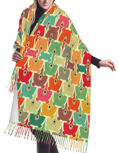 fifbird Kaschmirschal mit bunten Bären-Aufdruck, Fransen für Damen, Kaschmirschal, warme Wolle, Wickelschal für den Winter, Bunte Bären., One size