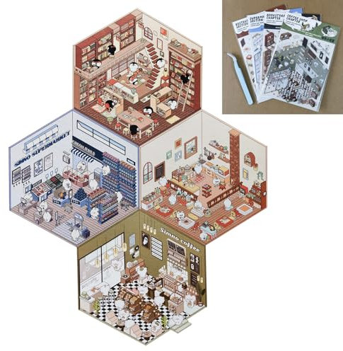 4 Sets 3D House Sticker Scene Kit | DIY Wall Stickers for Adults Therapy, Kids Focus & Stress Relief | Reusable Cartoon Miniature Landscaping Stickers with Tweezers