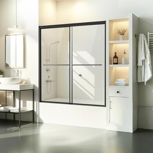 VEVOR Porte de Baignoire-douche 1422-1524x1524 mm, Pare-baignoire Coulissante Double Semi-sans Cadre, avec Verre Trempé Incassable de 6 mm et Poignée en Acier Inoxydable, Salle de bain, Noir
