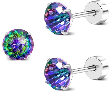 ZDE Titanium Women Flatback Earrings AAAA+ Cubic Zirconia Silver CZ Simulated Diamond Earrings Stud Hypoallergenic Cartilage Earring Piercing Jewelry 6mm