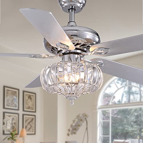48 Crystal Ceiling Fan with Lights & Remote Control Silver Fandelier for Bedroom & Living Room 5 Reversible Wood Blades Vintage Modern Design Elegant Home Lighting