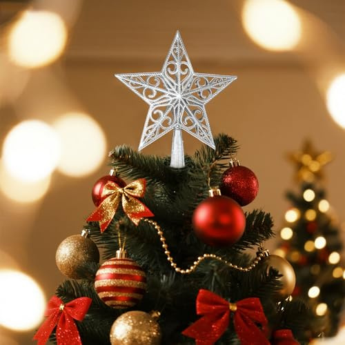 Christmas Tree Topper Star, Metal 3D Hollow Xmas Decoration Star, Vintage Lightweight Glittered Stars Tree Topper for Ornaments Christmas Home Decorations (Silver)
