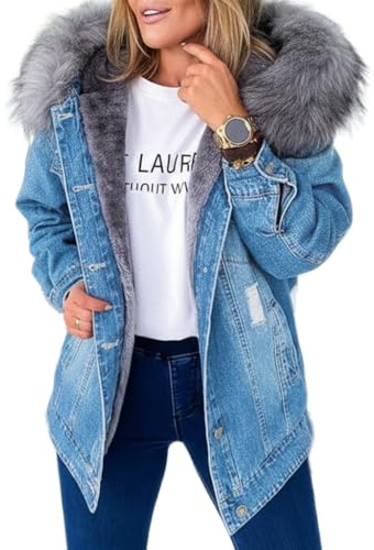 Juankrynord Giacca in denim calda da Donna a maniche lunghe con bottoni per feste all'aperto stile retrò con collo in pelliccia foderata in pile spessa e calda