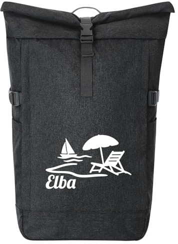 Huuraa Kurierrucksack Elba Inselmotiv Italien Geschenk | 30-44 Liter Backpack Black Melange Fairtrade Rolltop Rucksack Geschenkidee Schwarzer Laptop-Rucksack passend für 17-Zoll
