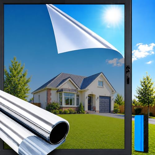 Aurathon Vinilos para Cristales Vinilo Espejo para Ventanas 59.5x400cm | Vinilo Adhesivo Cristal con Kit de Instalación Anti UV Anti Calor Unidireccional para Hogar Oficina Plateado