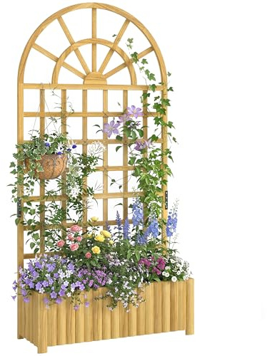Outsunny Jardinera con Enrejado de Madera, Jardinera Exterior Grande para Plantas Trepadoras, con Ofricios de Drenaje, Macetero Elevado para Jardín, Patio, Terraza, 90x30x180 cm, Natural