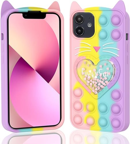 Fidget Pop Bubbles Schutzhülle für iPhone 12/12 Pro, Niedlich Karikatur Glückliche Katze Treibsand Bling Luftblasen Stoßfeste Silikonhülle für Apple iPhone 12/12 Pro 6,1 Zoll