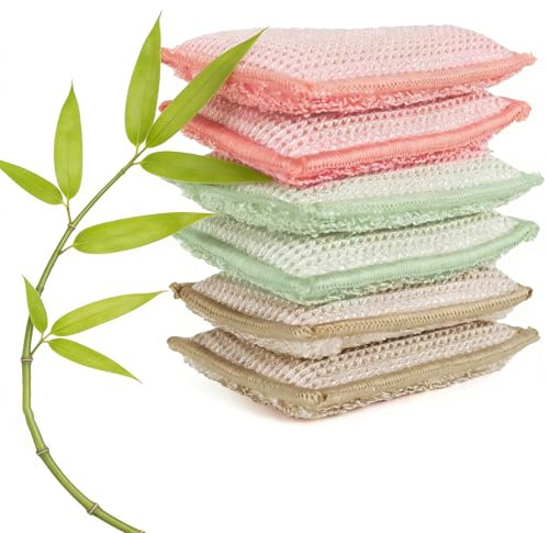 Éponge réutilisable Lavable, éponge Vaisselle – Lot de 6 Éponges en Fibre de Bambou Naturelle, Absorbantes et Grattantes, Séchage Rapide, sans Odeur, Nettoyage Cuisine (Multicolore)