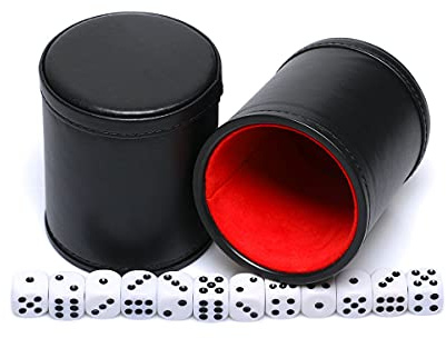 RERIVER Würfelbecher-Set aus PU-Leder mit Filzfütterung, 6 Würfel, Schwarz, 2 Stück