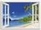 ARTLAND Wanddeko Leinwand Bilder Wandbild 100x70 cm Fensterblick Karibik Südsee Strand Meer Insel Palmen Meerblick S9IB