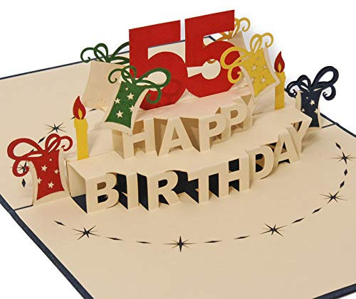 Favour Pop Up® - 3D Glückwunschkarte zum runden 55. Geburtstag. Ein filigranes Kunstwerk, das sich beim Öffnen als Geburtstagstorte entfaltet. ALTA55B