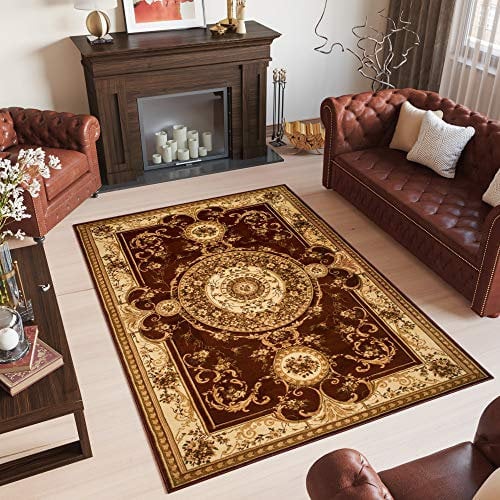 TAPISO Yesemek Teppich Klassisch Kurzflor Wohnzimmer Orientalisch Floral Ziegler Medaillon Muster Braun Beige Orientteppich Barock Design ÖKOTEX 60 x 100 cm
