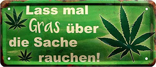 WOGEKA ART Retro Blechschild - Lass mal Gras über die Sache rauchen Cannabis - witziger Spruch Geschenk-Idee zum Geburtstag Weihnachten Dekoration 28x12 cm Vintage-Design Metall 1501