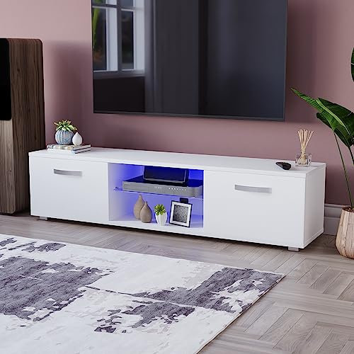 Vida Designs Cosmo Mobile TV a LED con 2 Ante in Pannello di Fibra a Media Densità, Stile Moderno, Lucido, 160 cm, Colore: Bianco Chiaro, 160 cm LED Lights