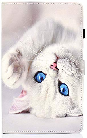 Lspcase Coque Galaxy Tab A 10.1 Pouces 2019, Etui en Cuir Tablet Protecteur Flip Stand Housse Protection per Samsung Galaxy Tab A 10.1 Pouces 2019 SM-T510 SM-T515 Chat Blanc Mignon
