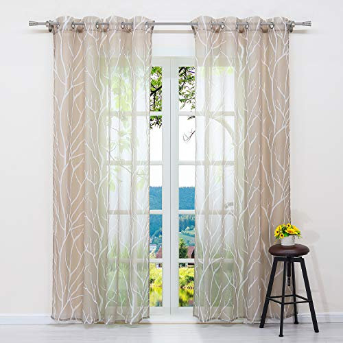 ESLIR Gardinen mit Ösen Vorhänge Fensterschal Transparent Ösenschal mit Zweige Muster Voile Sand BxH BxH 140x145cm1 Stück