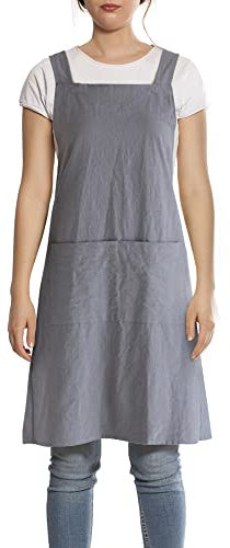 FBBULES Küchenschürze mit Tasche, Baumwolle und Leinen Schürze, Japanischer Stil Kreuz Bandage Kochen Backen Schürze Gärtnern für Damen Männer, Grau
