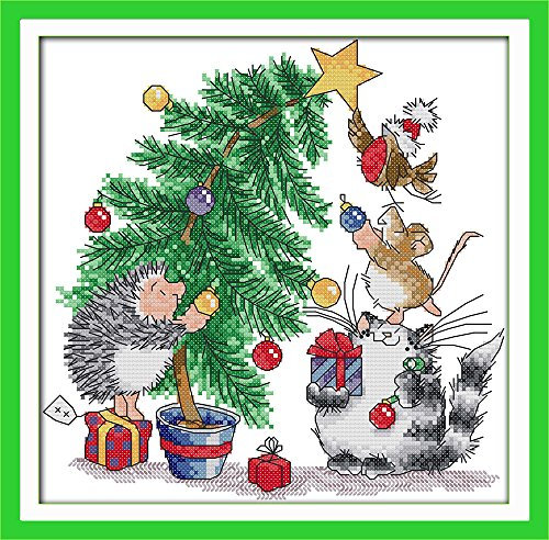 WOWDECOR Kit per ricamo a punto croce, albero di Natale, regalo con animali 11CT timbrato fai da te DMC cucito facile per principianti