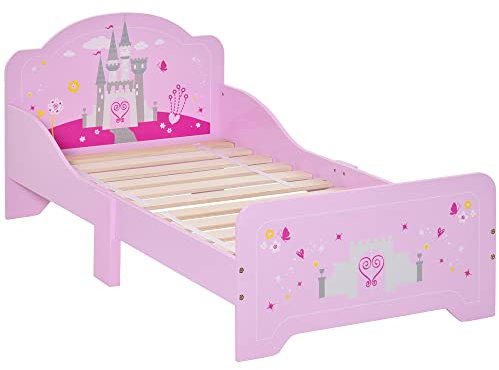 HOMCOM Lit Enfant - lit d'enfant Design Princesse Motif château - sommier à Lattes Inclus - MDF Contre-plaqué Rose