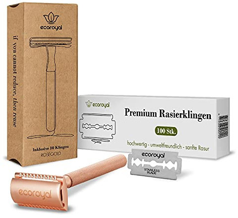 EcoRoyal Rasierhobel Set Roségold + 100 Rasierklingen | Nassrasierer | Rasierhobel Set für Frauen | Metall Rasierer Damen| Double Edge Razor (Rosegold)
