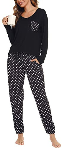 Lovasy Ensemble Pyjama Femme Coton Long Hiver Grande Taille Haut et Pantalon Pyjama Ensemble 2 Pièces,Noir, L