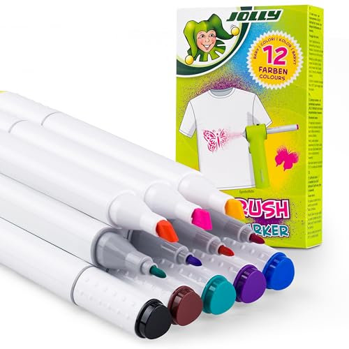 JOLLY Marcador textil, recambio de aerógrafo textil o como bolígrafo textil normal, 12 colores con punta gruesa y fina, para textiles de todo tipo, lavable a máquina después de la fijación, multicolor
