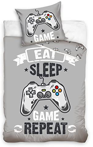 termana Gaming Bettwäsche-Set Kinderbettwäsche Teenagerbettwäsche Jungen in grau, Kissenbezug 80x80 + Bettbezug 135x200, Gamer-Bettwäsche Eat Game Sleep Repeat