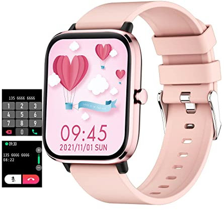 Fitnessuhr Damen Smartwatch mit Whatsapp Funktion Fitness Tracker Telefonieren mit Lautsprecher Blutdruckmessung Pulsuhr Schrittzähler ohne App und Handy Kalorienzähler Armband Rosegold Rosa