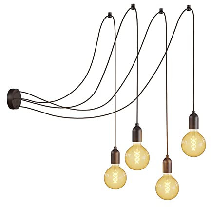 creative cables - Wand-Spider, Mehrfach-Pendelleuchte mit 4 Aufhängungen, Made in Italy, komplett mit Textilkabel und Komponenten aus Holz - Ohne Glühbirne, Wengé-Effekt