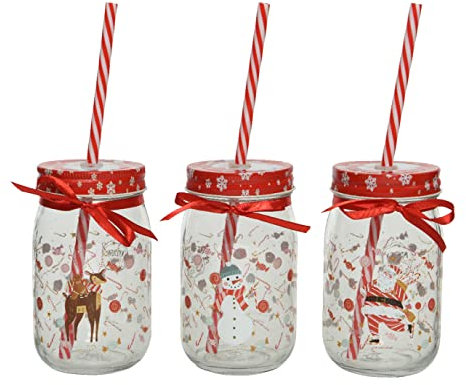 Kaemingk Trinkgläser mit Deckel 13cm x 1 Stück Trinkbecher mit Weihnachtsmann Schneemann mit Strohhalm klar