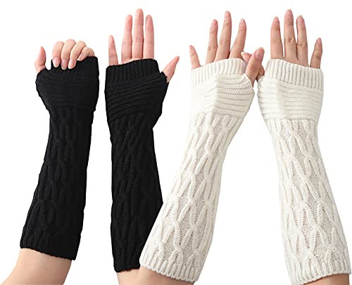JIHUOO 2 Pairs Winter Knitted Gloves - Warm Arm Sleeves Thermal Warmers Long Fingerless Gloves with Thumb Holes - Black and White