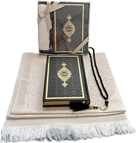 Muslimischer Gebetsteppich, Koran & Gebetsperlen, 3-teiliges Set, perfektes islamisches Geschenk, muslimische für Frauen und Männer, luxuriöse islamische Geschenke, Premium-Eid-Geschenk (schwarz)