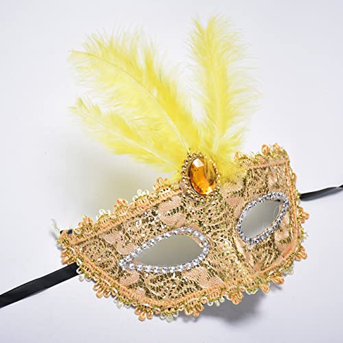 YJHWLF Maskerade Maske mit Feder, Frauen Venezianische Halloween Party Mardi Gras Karneval Augenmaske für Verkleidung Spitze Maske Kostüm Party，Interessantes Rollenspiel Zubehör (golden)